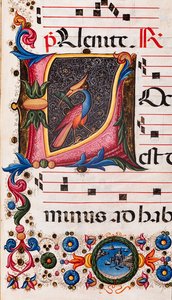 Knihovna Piccolomini: sborová kniha, treska. 5.E, násl. 63r s „foliovanou iniciálou“, Pellegrino di Mariano. Detail.