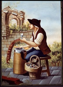 Neapolské lidové zvyky: prodejce zmrzliny (Gelato, Gelati) a vycházkových sorbetů. Detrempe de Pelliccia (19. století) Neapolské národní muzeum San Martino od Pelliccia