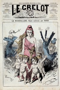 Jeden ze „Zvonu“ představující alegorii státní hymny „“La Marseillaise“““ postupuje, zatímco si šlechtici ucpávají uši při útěku. Ilustrace Pepin. 10/02/1878. Soukromá sbírka
