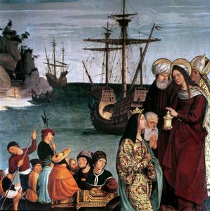 Marie Magdalena nalodění na loď, z oltářního obrazu svaté Magdalény od Pera Matas