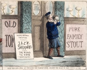 "Chlapec - který tím, že přinese rodinné pivo, zjistí cestu k veřejnému domu, pub.c. 1872 (ručně kolorovaná rytina)