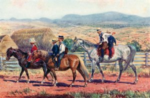 Australské děti jezdí do školy (barevné litho)