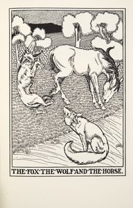 Liška, vlk a kůň, z Fontaine Fables, hospoda. 1905