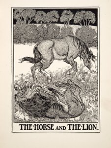 Kůň a lev, ze sta Ezopových bajek, pub.1903