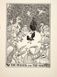 Páv a straka, ze Sto Ezopových bajek, pub. 1903 (rytina) od Percy J. Billingshurst