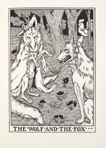 Vlk a liška, z Fontaine Fables, hospoda. 1905