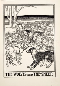 Vlci a ovce, ze sta Ezopových bajek, pub. 1903 (rytina)