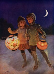 Chlapec a dívka bruslí s pohádkovými lucernami v noci (barva litho) od Percy Tarrant