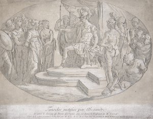 Alexandre et Timoclee, rytý Nicolas Lesueur (1691-1764) (litho) od Perino del Vaga