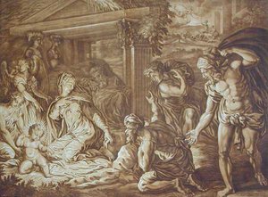 Klanění pastýřů, vyryté Elishahem Kirkhallem (1682-1742) 1724 (barva lito) od Perino del Vaga