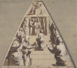 Představení Panny Marie v chrámu dole, Abraham se chystá obětovat Izáka nahoře, 1520. od Perino del Vaga
