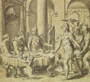 Banket Dido a Aeneas, model pro gobelín ze série Story of Aeneas, cca 1532 (pero a inkoust a pero na papíře)