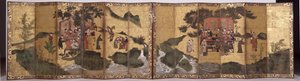 The Eight Immortals of the Wine Cup, cca 1600 (inkoust, pigment na zlatě, pár šestinásobných obrazovek)