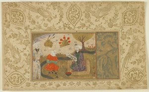 Pár konverzuje u potoka, cca 1500 (neprůhledný akvarel, inkoust a zlato na papíře) od Persian School