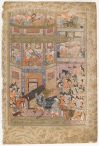 Ali zvedá brány Qamusu z Rawzat al-safa, 1571-72 od Persian School