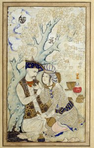 Art Islam: Portrét šáha Abbáse I objímajícího jednu z jeho stránek. Perská kresba z roku 1672. Rozměr: 0,16 x 0,27 m. Paříž, Musee du Louvre od Persian School