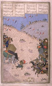 Bahram Chubina, jeho zabitý slon, Boje pěšky, ilustrace z Shahnamy (Kniha králů), od Abul-Qasima Manura Firdawsiho (c.934-c.1020) c.1440-45 (pero, inkoust a wc na pergamenu) od Persian School