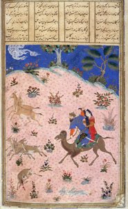 Bahram Gur Hunting With Azada, ilustrace z Shahnama (Kniha králů), Abul-Qasim Manur Firdawsi (c.934-c.1020) c.1440-45 (pero, inkoust a wc na pergamenu) od Persian School