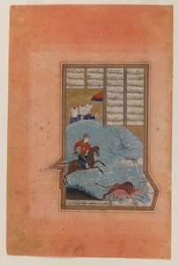 Bahram Gur at the Hunt, folio z rukopisu Khamsa z Nizami, 1447 (inkoust, neprůhledné wc a zlato na papíře) od Persian School