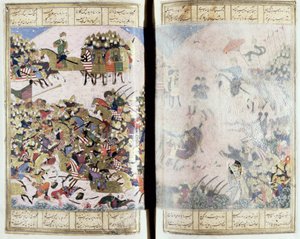 Bitva mezi Isfandiyar a Arjasp, ilustrace z Shahnama (Kniha králů), Abul-Qasim Manur Firdawsi (c.934-c.1020) c.1440-45 (pero, inkoust a wc na pergamenu) od Persian School