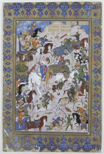 Bitva mezi Khusrau a Bahram Chubaina, z básně Layla a Majnun původně od Nizami, 1540 (inkoust na pergamenu) od Persian School