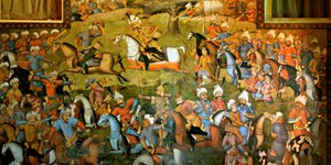 Bitva o Taher-Abad nebo bitva o Merv s vítězstvím šáha Ismaila I. nad Muhammadem Shaybani Khanem, přijímací sál, Chehel Sotun, 1647 od Persian School