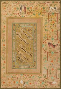 Kaligrafie z alba Late Shahjahan Album, Iran, c.1640-50 (neprůhledný akvarel a zlato na papíře)