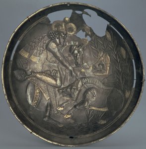 Miska zdobená scénou prince Varahrana na lovu, dynastie Sassanidů (226-651) (stříbro se zlacením)