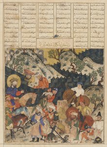 Folio from a Shahnama (Book of Kings) od Firdawsiho († 1020); recto: Iskandar staví železný val, Tabriz, Írán, období Il-Khanid, cca 1330-40 (neprůhledný akvarel, inkoust a zlato na papíře) od Persian School