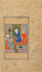 Folio from a Yusuf u Zulaykha od Jami († 1492); Zulaykha and an Elderly Man Listen to a Conversation, možná Mashhad, Iran, c.1560-70 (neprůhledný akvarel, inkoust a zlato na papíře) od Persian School
