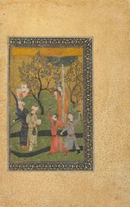 Folio z neidentifikovaného textu; Princ a princezna obklopeni dvořany v zahradě, Írán, turkomanské období, kolem roku 1480 (neprůhledný akvarel, inkoust a zlato na papíře) od Persian School