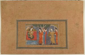 Folio z neidentifikovaného textu; A Princess Enthroned, Iran, c.1440-50 (neprůhledný akvarel, inkoust a zlato na papíře) od Persian School