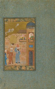 Folio z neidentifikovaného textu; verso: Dva muži nesoucí džbány se blíží k budově, Shiraz, Írán, cca 1520 (neprůhledný akvarel, inkoust a zlato na papíře) od Persian School