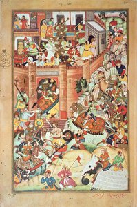 Čingischán zachycuje čínské město, miniatura z „Perské historie Čingischána“ dokončená v roce 1596 od Persian School