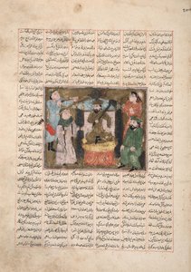Gordiyeh radí svému bratru Bahram Chubinehovi, aby neaspiroval na perský trůn, kolem roku 1330 (neprůhledné wc, zlato a inkoust na papíře) od Persian School