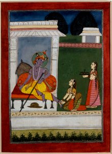 Hinduismus: „“Krišna odpočívá“““ Další si podloží nohy. Perská miniatura indické školy ze 17. století. Rennes, Muzeum výtvarných umění od Persian School