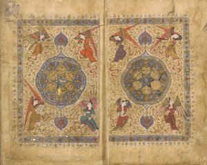 Khamsa (kvintet) od Khwaju Kirmani, Shiraz, Írán, Timuridské období, 1437-38 (neprůhledný akvarel, inkoust a zlato na papíře) od Persian School