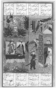 Laila a Majnun se spojili v ráji, jak je vidět ve vizi Zaida z Khamsy (kvintetu) z Nizami od Persian School