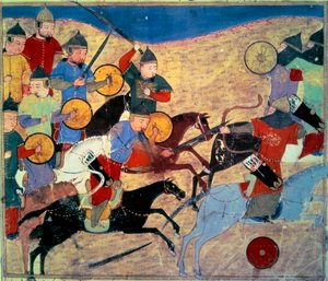 Únik Noqaie (Kara Nogai Khan (Noghai, Noqai, Nokhai, Nogay, pravnuk Čingischána, zemřel 1299). Mongolští jezdci. Perský rukopis malovaný „Součet příběhů (Djame al-tavarikh) (Djame al-tavarikh)“ ” (Folio 155v), napsal Rachid al-Din Fazl od Persian School