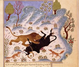 Lev útočí na býka Page of a Kalila a Dimna od Persian School