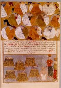 Mongolské stany a vězni Čingischána (1162-1227): Čingischán nechává stoupence Djamuqua, Mongola z kmene Jadjirat, házet do kotlů. Perská miniatura převzatá z „“ Jami al-tawarikh““ (Jami al tawarikh) nebo „“ Univerzální historie““ od Persian School