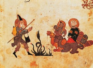 Ms Ar 3929 f.69, Abu Zajd opouští al-Harith během pouti do severního Iráku, z knihy Al Maqamat, (Setkání), ilustroval Hariri, druhá čtvrtina 13. století (kvaš na pergamenu) (viz a od Persian School