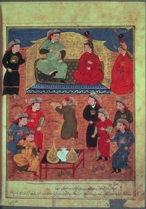 paní podpora. Domácí mazlíčci. 1113 fol.203v Arhaan Khan se dvěma svými manželkami a synem Ghazanem, z knihy Rashida ad-Dina (1247-1318) od Persian School
