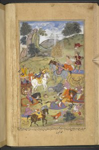 Or.12076 f.23v Bůh Agni vytvářející oheň, aby pomohl svému tchánovi Rajovi Niladhvajovi z Malwy, zatímco Arjuna hasí plameny magickými šípy, které vytvářely prameny vody (Ahmad Kashmiri) z ‚Razmnāmah‘ (‘Kniha války‘ ), překlad M od Persian School