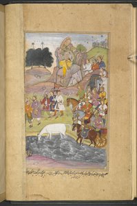 Or.12076 f.7v Objev koně, Syamakarna, Bhimou, který sedí na hoře nad městem Bhadravati a sleduje vojáky armády Raja Yauvanasvy. (Narayan Khurd) z ‚Razmnāmah‘ (‘Kniha války‘), překlad Mahabh od Persian School