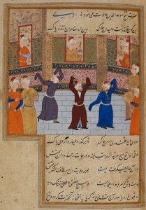 Nebo. 11837, f.152 Muhammad Tabadkani († 1486) tančící s derviši, ilustrace z 