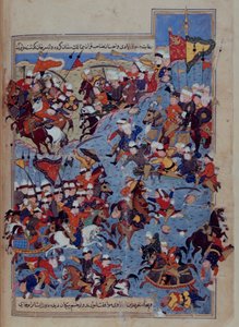 Nebo 5736 fol.122v Bitva mezi Timurem (1336-1405) a Tuqtamish Khan v roce 1395, z ‚Rawzat al-Safa‘ od Mirkhvanda, Turecko od Persian School
