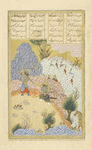 Peršan 239 fol.135a Ruhh?m útočí na B?z?r, čaroděje, ilustrace z Shahnamy (Kniha králů), od Abul-Qasim Mansur Firdawsi (c.934-c.1020), 1444 od Persian School