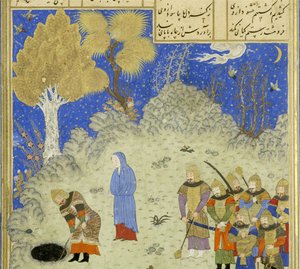 Peršan 239 fol.180a Detail: Rustam zachraňuje B?zhan z jámy, ilustrace z Shahnamy (Kniha králů), Abul-Qasim Mansur Firdawsi (c.934-c.1020), 1444 od Persian School