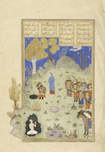 Peršan 239 fol.180a Rustam zachraňuje B?zhan z jámy, ilustrace z Shahnamy (Kniha králů), od Abul-Qasim Mansur Firdawsi (c.934-c.1020), 1444 od Persian School